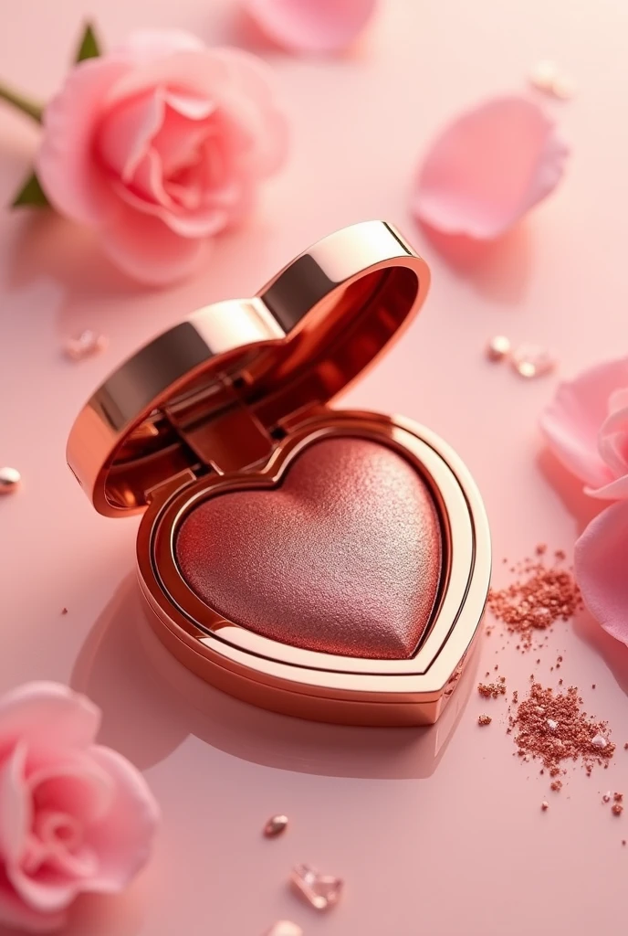 Make me a single eyeshadow with heart shaped packaging, coated in a rose gold and pink hue inspired by Charlotte Tilbury cosmetics