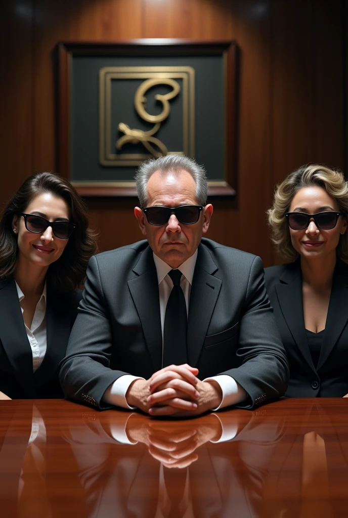 Board of directors with two men and two women wearing dark glasses