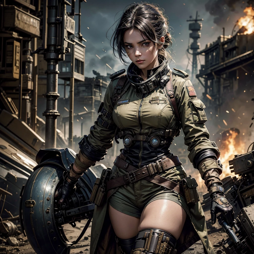 
a female soldier in a futuristic steampunk uniform, the uniform appears torn and worn, the woman has tattoos on her arms, she is placed in the foreground near the lens, around her a battlefield with semi-destroyed mechanical technological means and fumes due to recent explosions