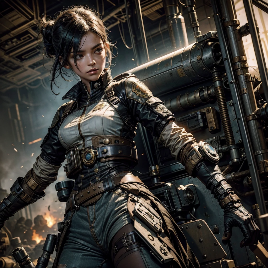 
a female soldier in a futuristic steampunk uniform, the uniform appears torn and worn, the woman has tattoos on her arms, she is placed in the foreground near the lens, around her a battlefield with semi-destroyed mechanical technological means and fumes due to recent explosions