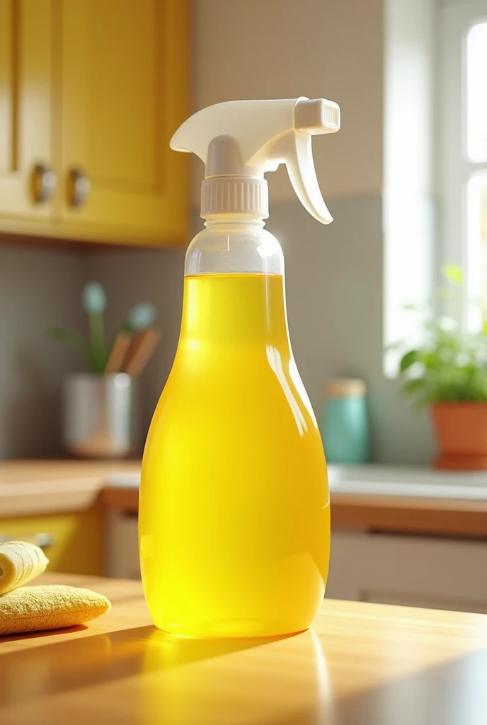 Dishwssh liquid bottle 
Kitchen background 
Yellow  clear dishwash liquid bottle 
With dish washing lady 

