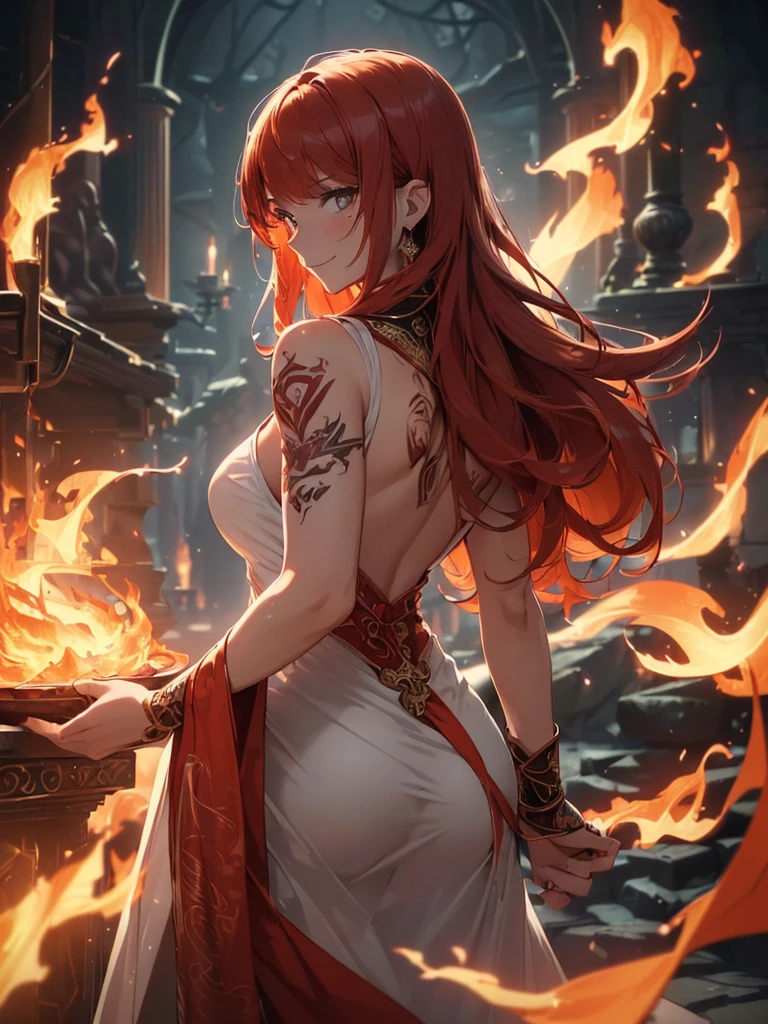 (((best quality, sharp image, clear image, cinematic lighting, 8k resolution, masterpiece, ultra detailed, intricate))) Girl, (((looking over left shoulder))), (shot from behind), fire mage, ((intricate background)), ((chaotic background)), red hair, smiling, ((flame runes, flame sigils)), (tatoo on back), slim figure, flying sigils, long dress