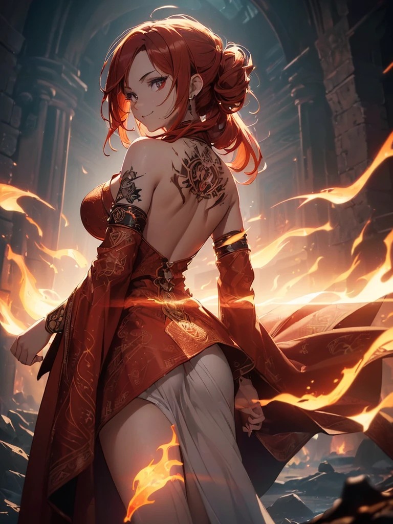 (((best quality, sharp image, clear image, cinematic lighting, 8k resolution, masterpiece, ultra detailed, intricate))) Girl, (((looking over left shoulder))), (shot from behind), fire mage, ((intricate background)), ((chaotic background)), red hair, smiling, ((flame runes, flame sigils)), (tatoo on back), slim figure, flying sigils, long dress