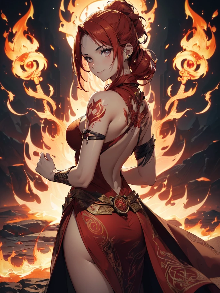 (((best quality, sharp image, clear image, cinematic lighting, 8k resolution, masterpiece, ultra detailed, intricate))) Girl, (((looking over left shoulder))), (shot from behind), fire mage, ((intricate background)), ((chaotic background)), red hair, smiling, ((flame runes, flame sigils)), (tatoo on back), slim figure, flying sigils, long dress