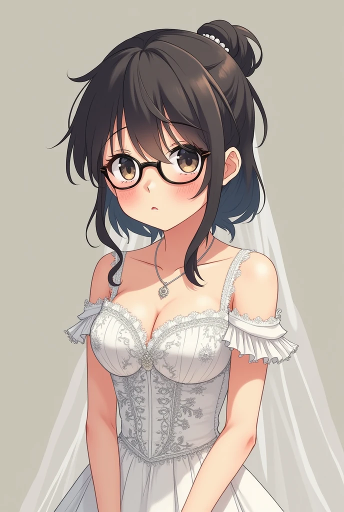 Nerd style girl wearing wedding outfit. Anime style 18 year old nerdy girl with 18 years old and with a sad look 