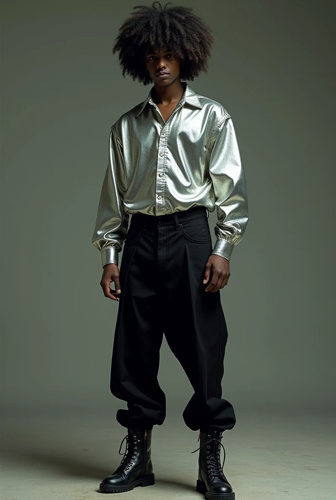 person with curly hair wearing a lead shirt, black pants down to the shin and black lead shoes