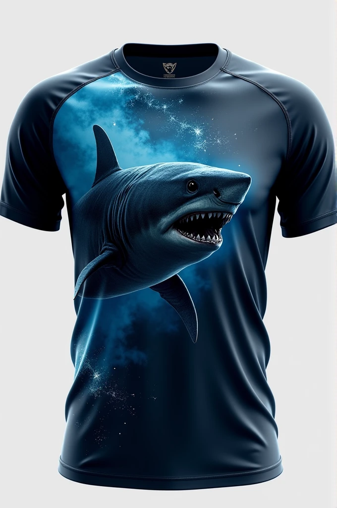 make a dark blue sports shirt with black details and light blue shark scales as a gradient, and an intimidating dark (black or gray) shark