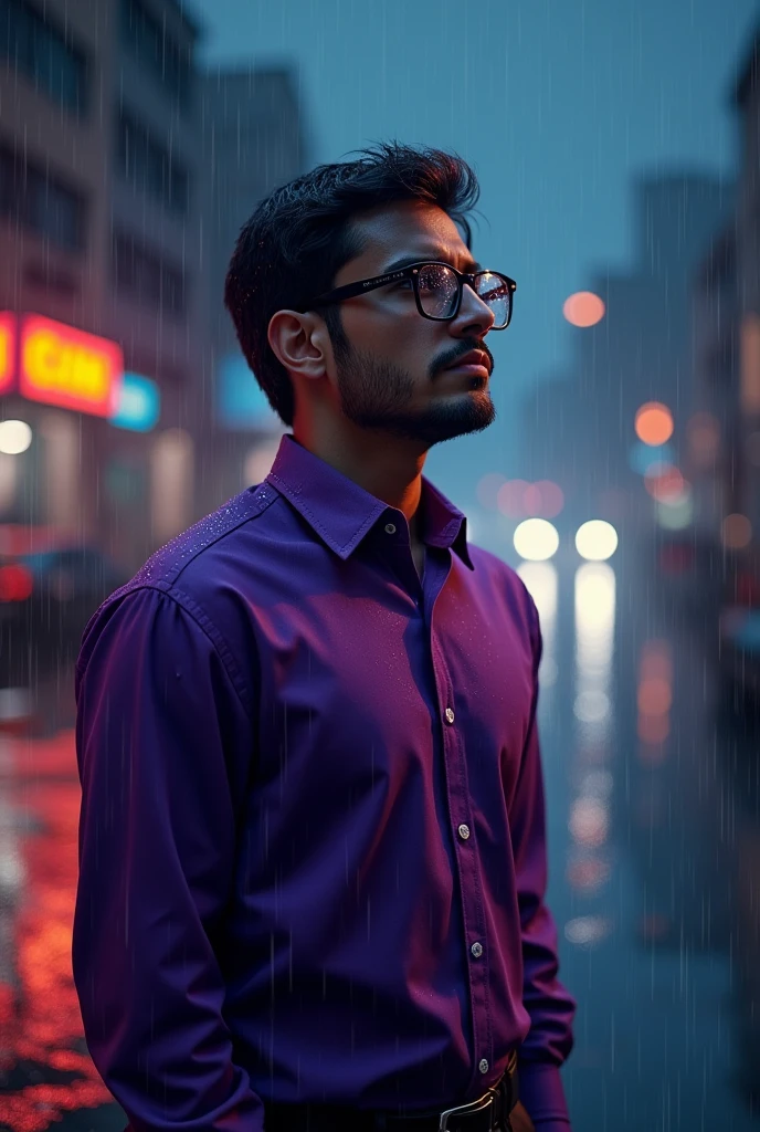 A song cover with a guy dressed in a purple shirt with glasses in the rain