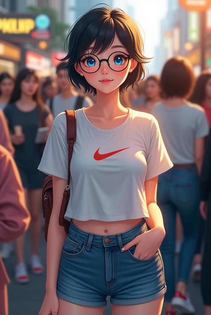 Asian girl looking at me in the full of people wearing round classes with the medium boob and booty got blue eyes wearing short skirt and the shirt with the Nike shoe and have a short hair cute small smile