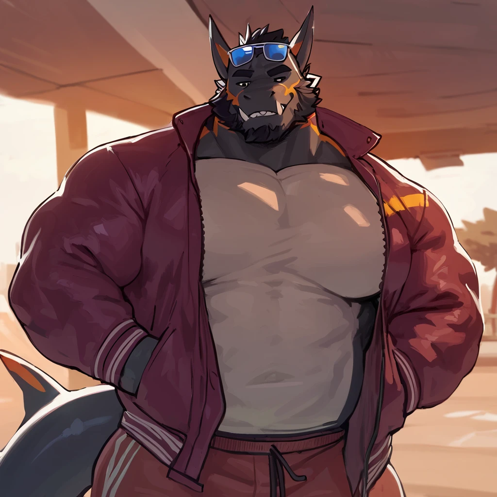 Black skinned bara dragon, very large pecs, strong physique, very muscular, perfect anatomy, masterpiece, black beard, black eyes, strong jaw, giant biceps, shark tail, wearing turtleneck and jacket, stylish clothes, solo, retro anime style, 80s anime style, anime artstyle, sunglasses, fashion, great lighting, by bebebebe, by ZIXiong, by zackary911, by SligarTheTiger, by RED8EAN,