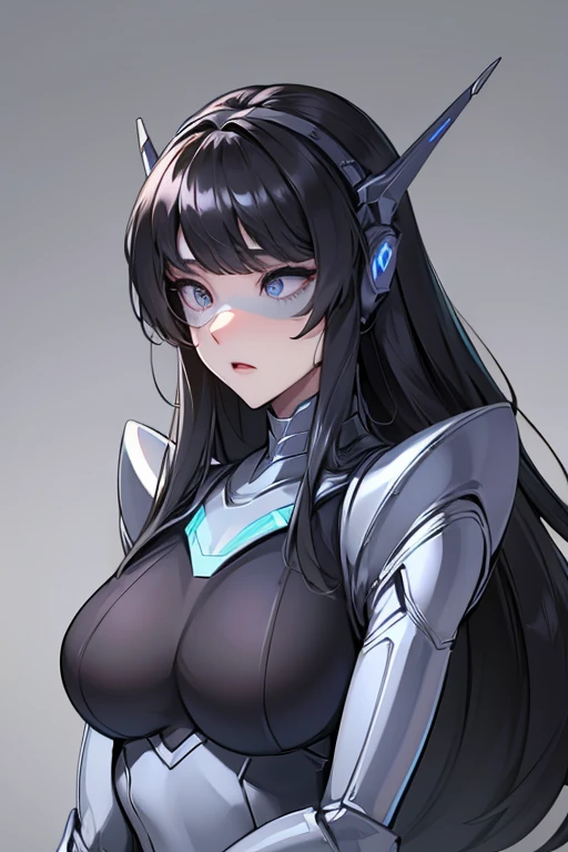 empty eyes,robotization,woman ,big bust,Robot Joint ,Metal skin,Black Suit,long hair,a black suit that covers the whole body