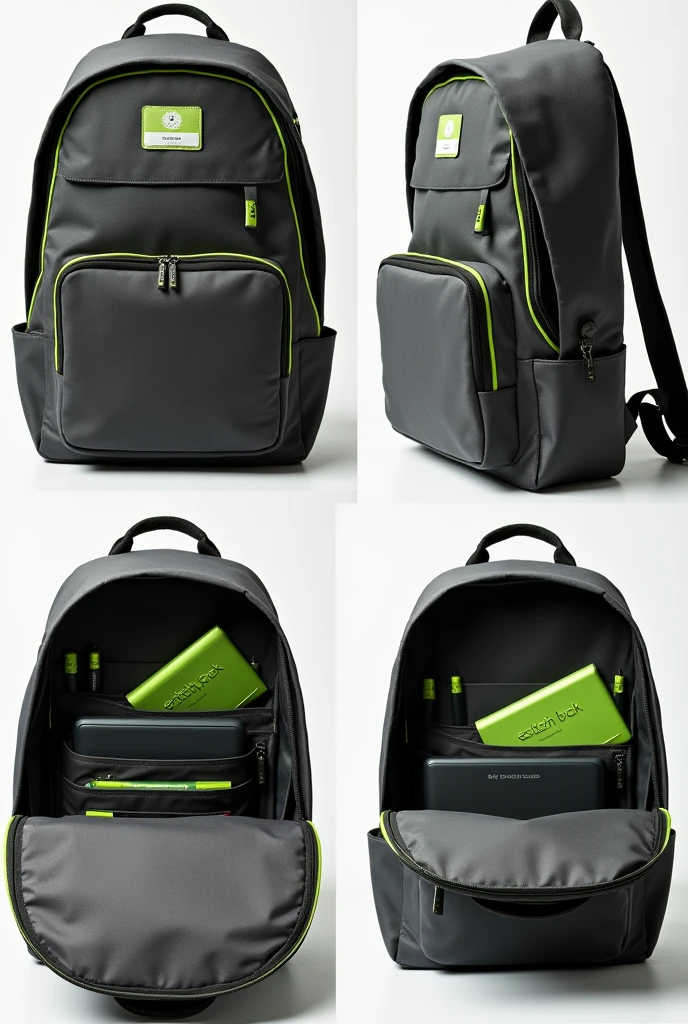 Shows only the inside of the backpack in a collage of 4 photos. The backpack is dark grey with neon edges. Name "EcoTech Pack" It must be in green inside the backpack. Do not include any part of the outside, the back or front. Details the computer compartment, the slots for pencils and markers, and document pockets. The backpack does not have side pockets, so don't include them. The literal interior nothing outside green handle for pc