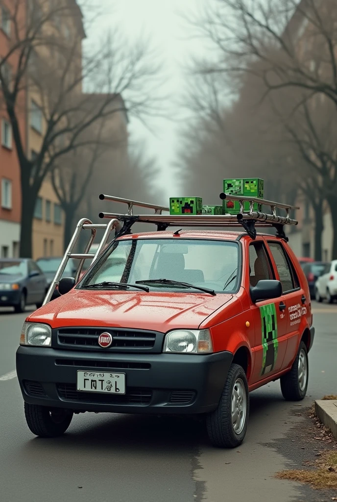 create an image of a 2010 fiat uno car with a ladder on top with a minecraft sticker