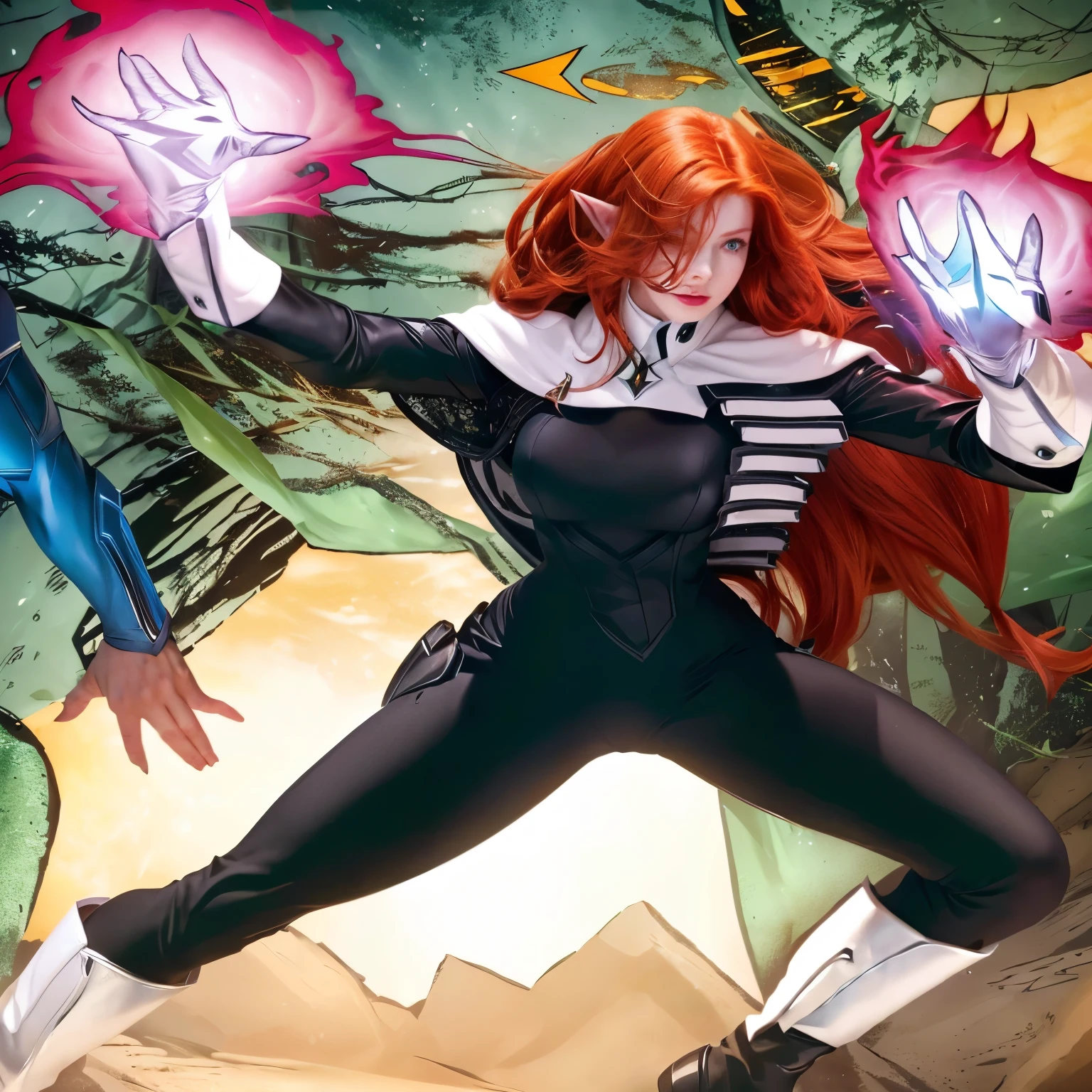 @ redhead woman with elfish pointy ears wearing a black superhero uniform, white gloves and white boots, conjuring her powers with her hands