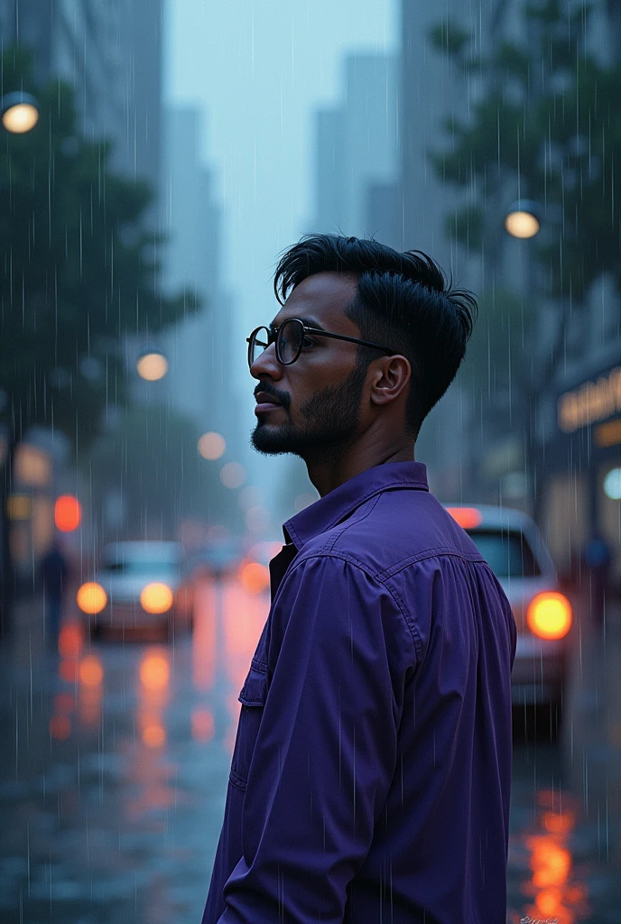 A song cover with a guy dressed in a purple shirt with glasses in the rain But make it a drawing and the guy further away