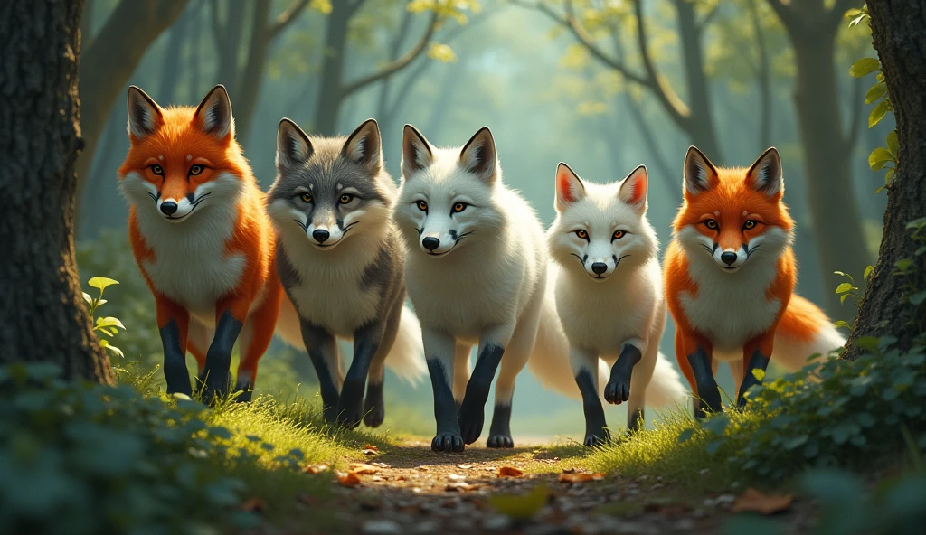 several FOXES and wolves walking together in the forest