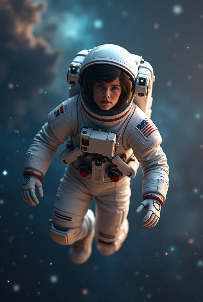 Erstelle mir ein realistisches Bild von einem Jungen, der durch den Weltraum fliegt