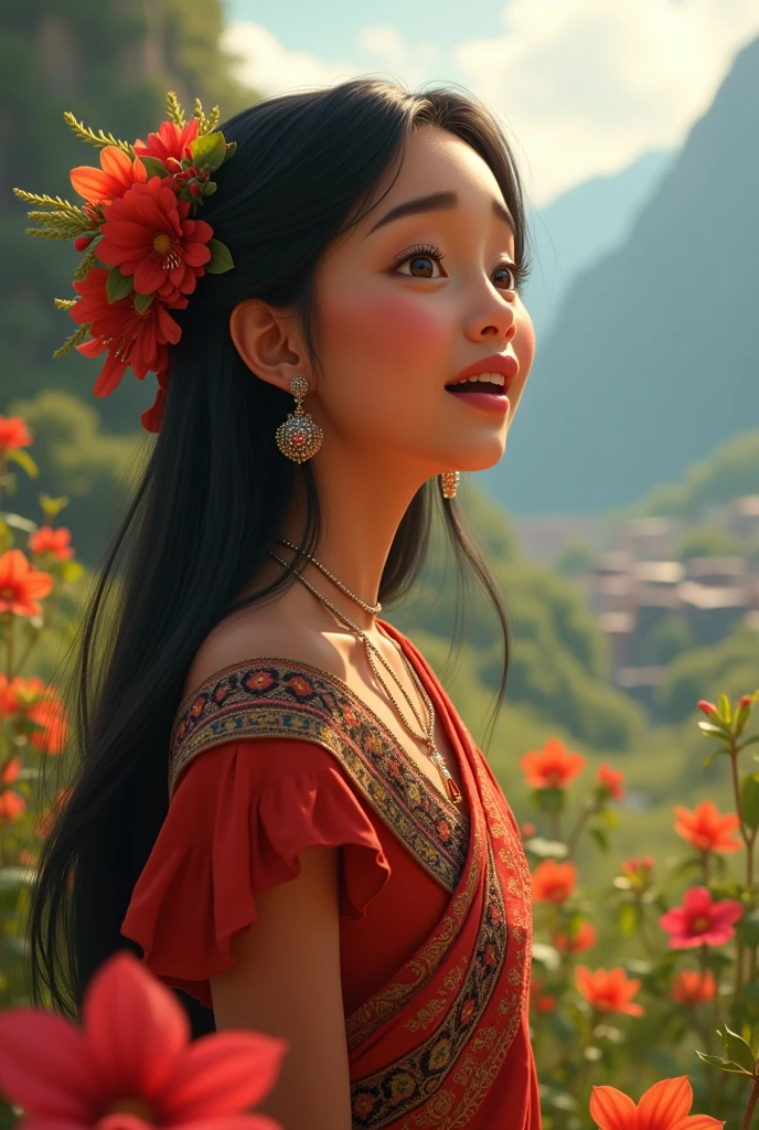 woman singing. She has straight black hair, small eyes, dark brown eyes, clear skin, peruvian clothing, Nice smile. disney type