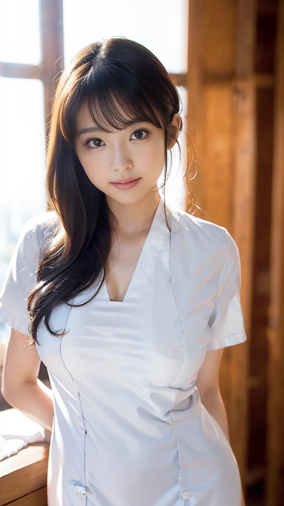 masterpiece, Highest quality,16K, Ultra-high resolution,The light and shadow of reality,Cinema Lenses,((Very skinny)),((Very firm and shapely beautiful large breasts)),((High nose、Small Mouth)),((Clean and slim face line)),((Big dark eyes with long eyelashes)),((Very small face))((Very slim and beautiful arms)),((She is very thin and has a great figure)),((Pure white beautiful skin)),((Cute Japan)),nurse、nurse break ((((White nursing uniform、white nurse uniform:1.3)))),Hospital room,,(Beautiful Eyes:1.1),Reflecting clear eyes and a gentle smile,