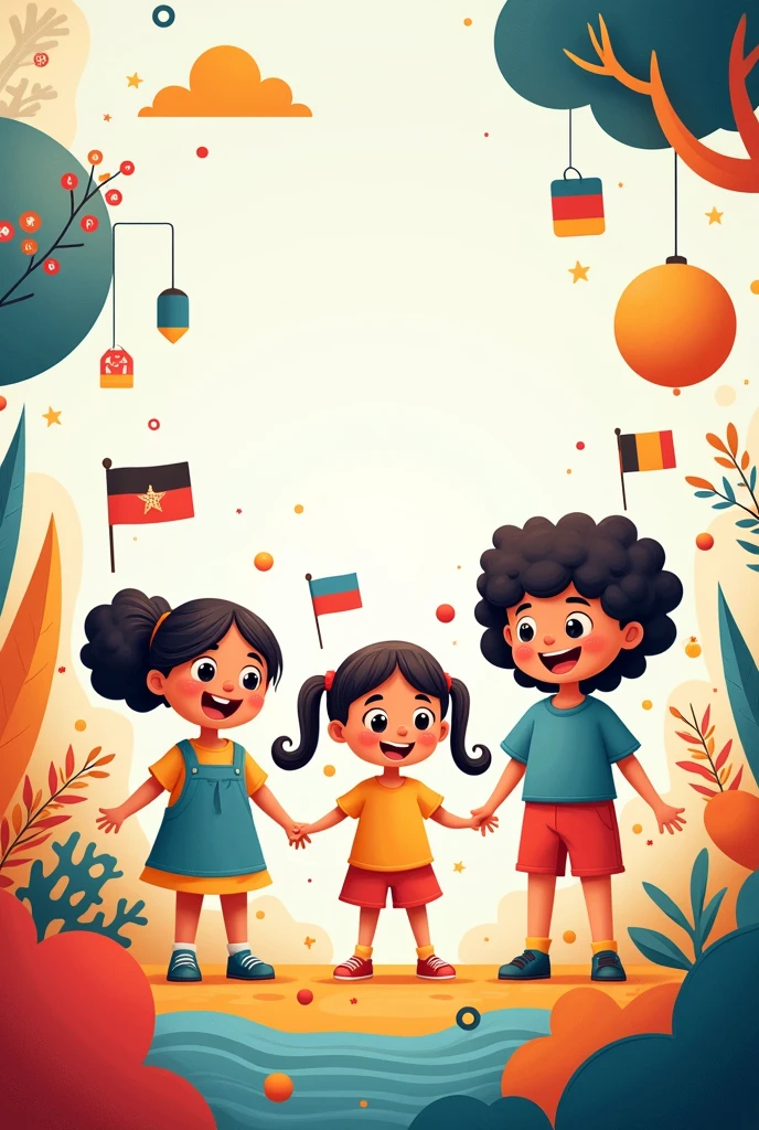 Cover for language subject. Animated design, children, with various symbols and flags, language