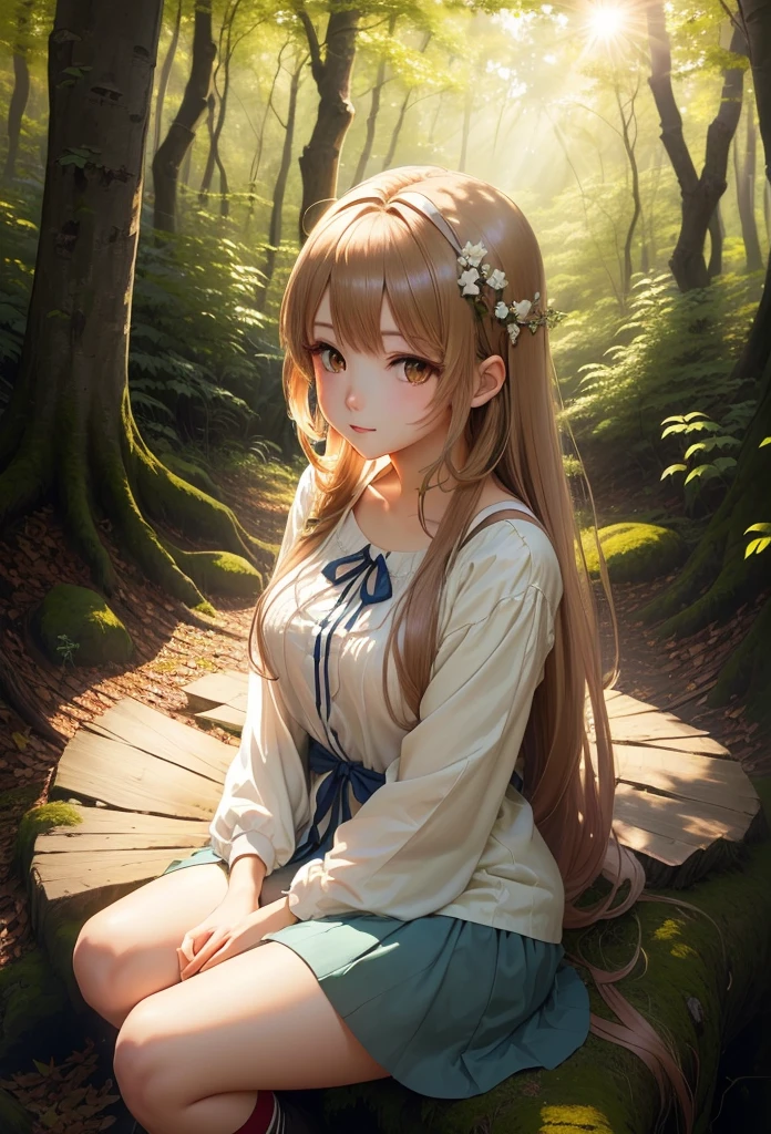 anime girl sitting in the woods with sun shining through the trees, beautiful anime girl, 