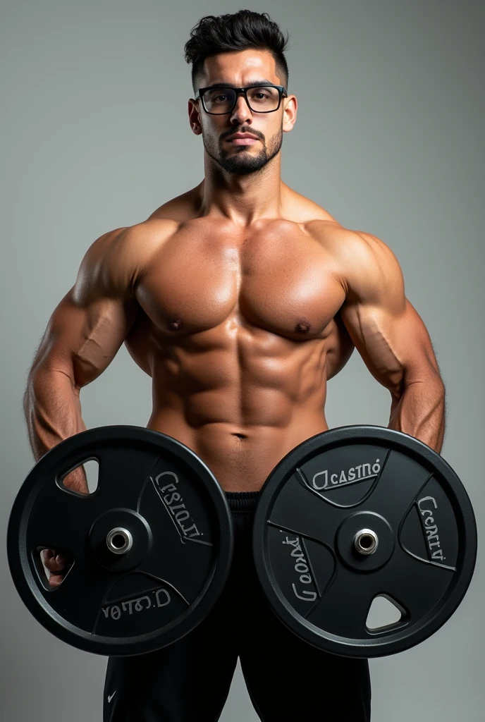 An athletic profile man wearing glasses holding 50kg weight plates with the name " J.Castro team " written on the ring 