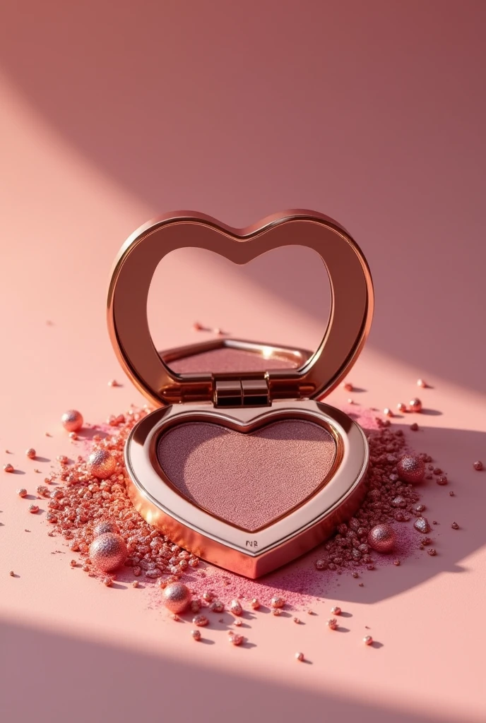 Make me a single eyeshadow with heart shaped packaging, coated in a rose gold and pink colour inspired by Charlotte Tilbury cosmetics and snap the lid back to reveal the full packaging 