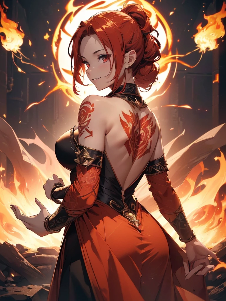 (((best quality, sharp image, clear image, cinematic lighting, 8k resolution, masterpiece, ultra detailed, intricate))) Girl, (((looking over left shoulder))), (shot from behind), fire mage, ((intricate background)), ((chaotic background)), red hair, smiling, ((flame runes, flame sigils)), (tatoo on back), slim figure, flying sigils, long dress