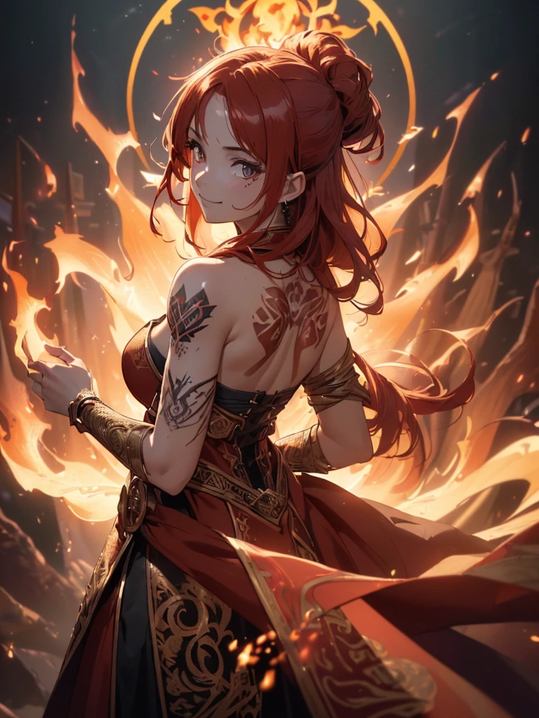 (((best quality, sharp image, clear image, cinematic lighting, 8k resolution, masterpiece, ultra detailed, intricate))) Girl, (((looking over left shoulder))), (shot from behind), fire mage, ((intricate background)), ((chaotic background)), red hair, smiling, ((flame runes, flame sigils)), (tatoo on back), slim figure, flying sigils, long dress
