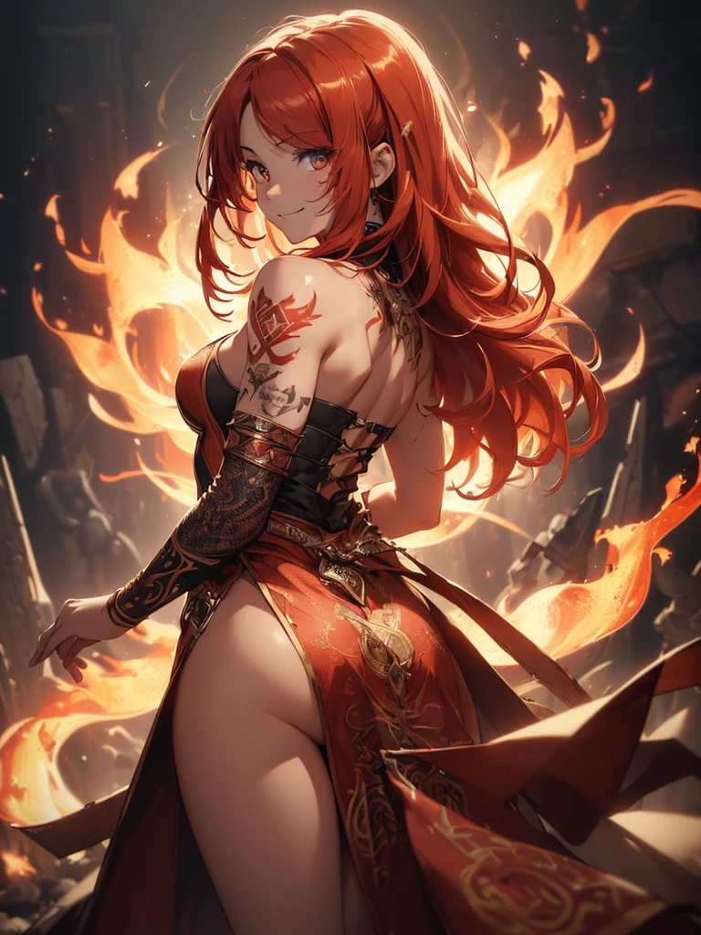 (((best quality, sharp image, clear image, cinematic lighting, 8k resolution, masterpiece, ultra detailed, intricate))) Girl, (((looking over left shoulder))), (shot from behind), fire mage, ((intricate background)), ((chaotic background)), red hair, smiling, ((flame runes, flame sigils)), (tatoo on back), slim figure, flying sigils, long dress