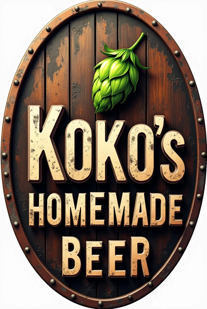 Logo for my company, should be manly. use copper, wood, brass, steel ,1 green hops and my company name, “Koko׳s homemade beer” as a centrepiece, oval.