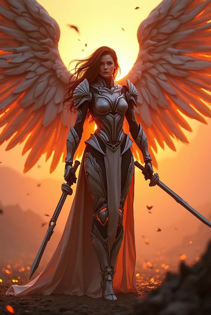 archangel of fire war effect,REAL, MORGANA THE PENDRAGON - style image of a woman with a sword in a field, cyberpunk art inspired by MORGANA THE PENDRAGON, Fantasyart, linda Kizi anjo, Kizi anjo cavaleiro, like a mystical valkyrie, battle angel, angel in plastic armor, Kizi, unreal engine wallpaper 4k, espectro de Apex Legends, epic angel wings