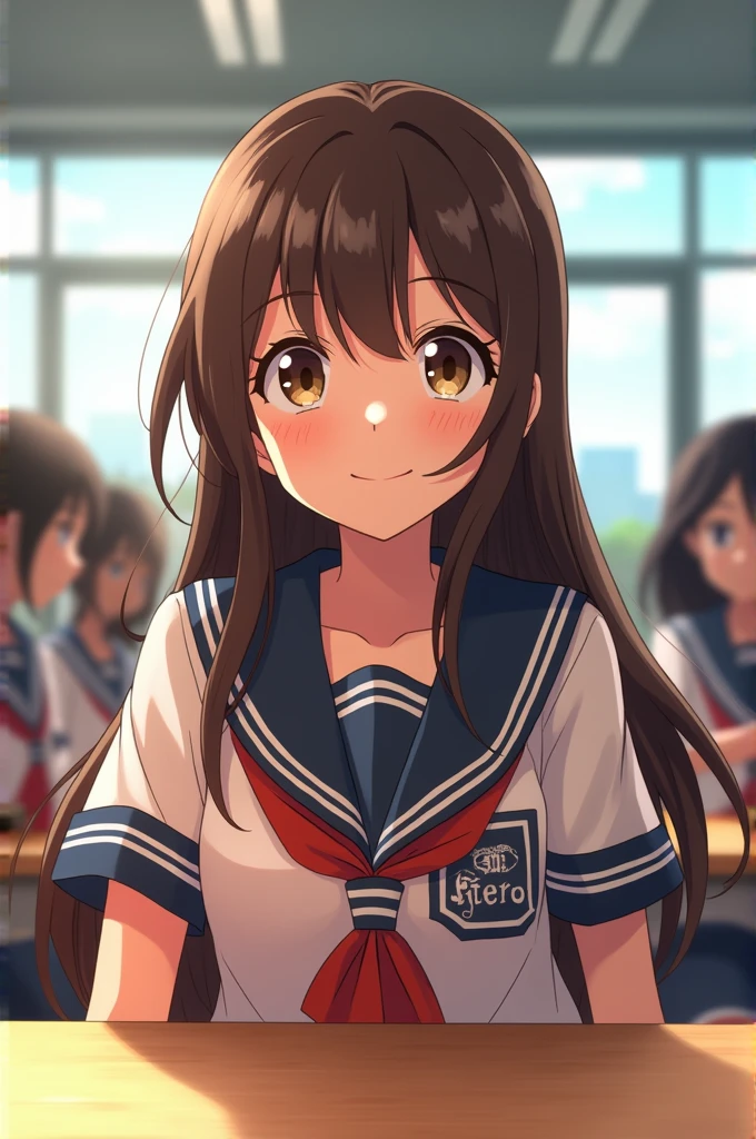 Screenshot of my hero academia girl with straight brown hair with bangs,She has light brown eyes and a happy expression. She is wearing a UA uniform. In the background she has a school class and is sitting at a table.