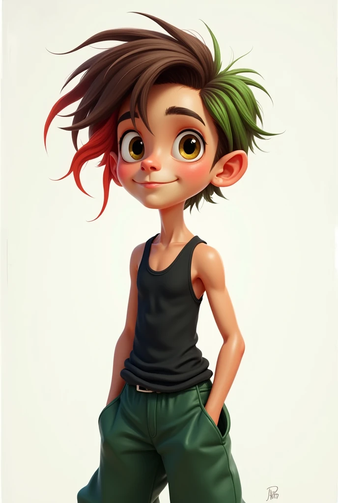 A boy, r with short brown hair with a lock of red hair on the left and another lock of green hair on the right (both strands are longer than the rest of the hair) 
She wears baggy green pants and a black tank top, caricatured
