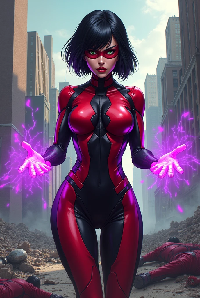 Manga style. A confidant, sexy pose of a Beautiful and powerful evil supervillain woman with short black hair in a layered bob, green eyes covered by a red and black high tech visor, and red lips, a sadistic grin across her face. She is wearing a sleek skintight bright red and black high tech power armor and radiating purple energy around her hands. Destroying, Evil wins, destroyed city, lots of bodies of costumed heroes litter the ground.
