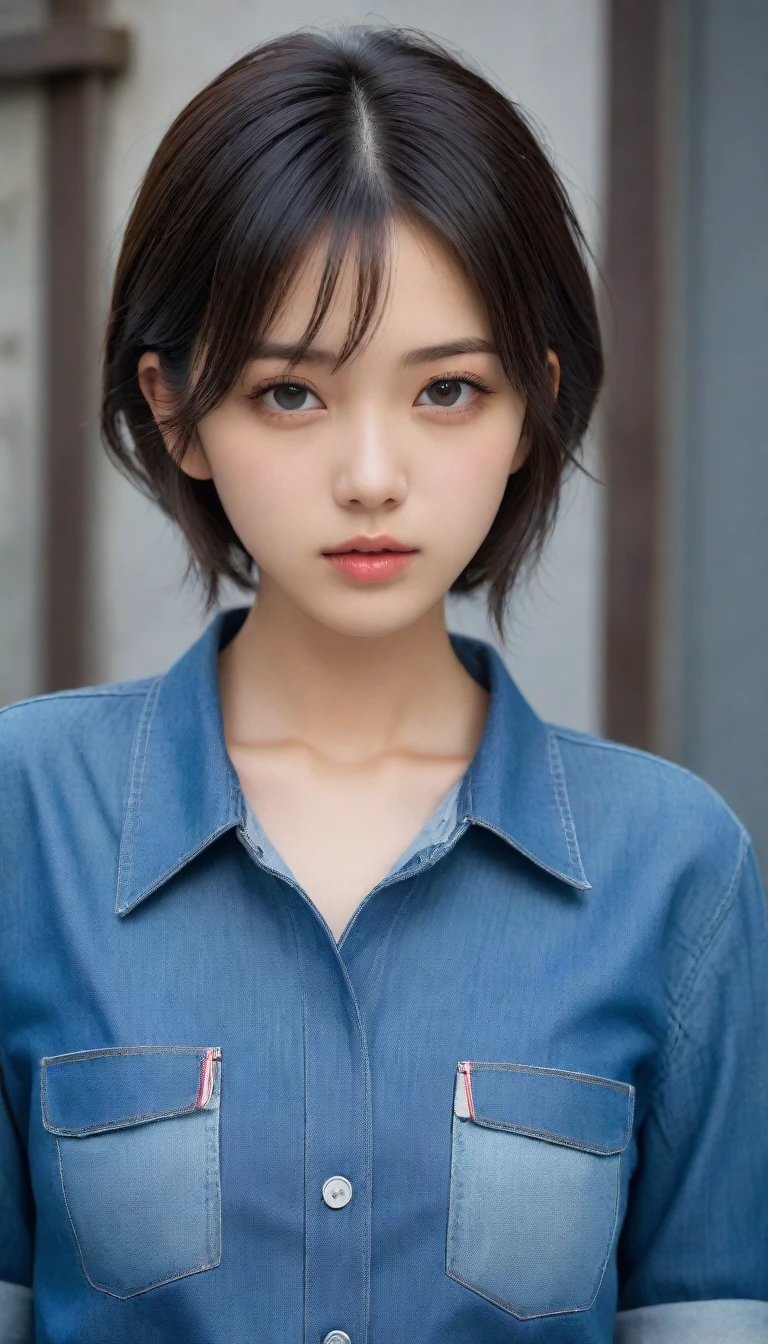 8k, Ultra-high resolution, Highest quality, masterpiece, 三分割法によるphotograph,Surreal, photograph, 1 , (:1.3), cute, cute顔, 細部までBeautiful Eyes, 細かくdetailedに,masterpiece,One Girl:1.2,Japanese women,student,cowboy shot,glaring,Black short hair,messy hair,from side,(Denim shirt:1.3),Leaning against the wire mesh,Glare,Blue Collar,Factory wall,Bleach Bypass,(Beautiful attention to detail),Subtle details, detailedな顔,anger,Attractive eyes,(ポートレートphotograph:1.4),(Photorealistic images:1.4),Fantasy art,(Beautiful Face:1.4),美しくAttractive eyes、Beautiful Eyes,(Tight waist:1.4)、(Beautiful with perfect body proportions:1.4),Pink Lips,profile,(((Ideal body type))),A-cup small breasts :2,、Portraiture:2、Perfect Anatomy、鮮明なdetailed、detailed,Fashion magazine cover,Thin lips,完璧でBeautiful Face ,完璧でcute顔, Skin with attention to detail, Perfect limbs、Narrow waist,Surreal,Light and shadow,backlighting