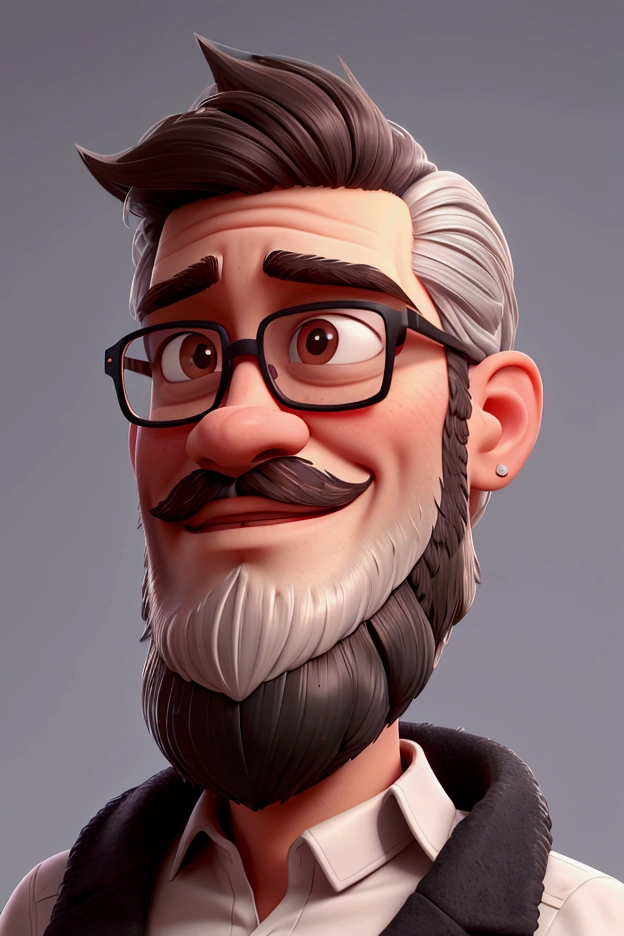 Shorten the length of the beard even further and add black-framed glasses and a silver hoop earring in the left ear..