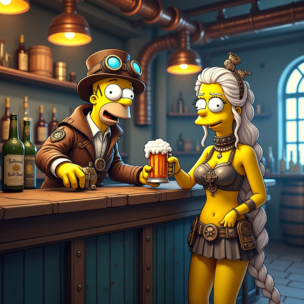In a steampunk-themed bar with rusted metal walls and visible gears. The dark wooden counter is complemented by gas lights and copper pipes, creating an immersive and detailed environment. The scene is filled with industrial elements, such as gears and decorative pipes. Homer Simpson: Dressed in his classic outfit (white shirt and blue pants) but with a steampunk twist, including aviator goggles and a small gear on his hat. He is offering a mug of beer with a friendly smile. Daenerys Targaryen: Wearing a steampunk-style top and mini skirt, with metallic accessories and a small gear crown. A vintage-looking robot bartender with exposed gears. Bottles and barrels with old-fashioned, stylish labels. Vector Design, Cinematic and detailed, with evident steampunk elements and an engaging visual aesthetic, 3D Rendering to add depth and realism to the design, Illustration in high resolution (8K) to ensure clarity and richness of details, light gray background to ensure contrast and highlight the characters and design elements, centered and proportionate to fit the standard t-shirt size, with a balance between characters and background, sharp and well-defined details for a vibrant and impactful print