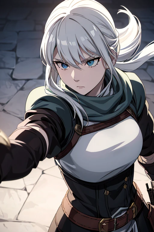 a illustration of a female rogue, pale_skin albino, white_eyes, white_hair ponytail, black_armor leather_armor, thief, cowboy_shoot, female_focus, simple_background, solo, final fantasy tactics, jrpg, demacia, vox machina style, dungeon_meshi