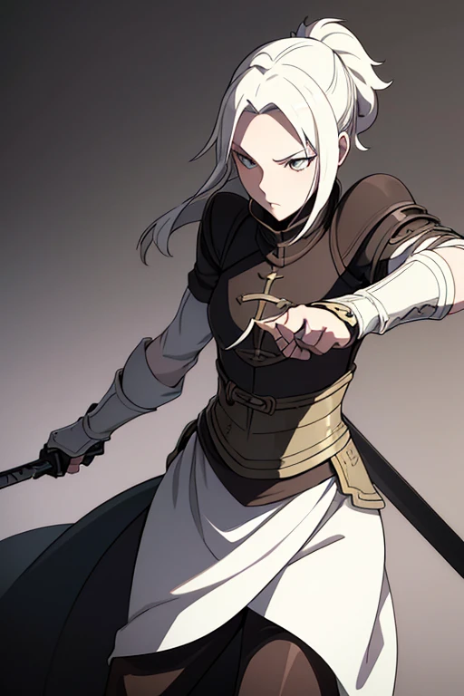 a illustration of a female rogue, pale_skin albino, white_eyes, white_hair ponytail, black_armor leather_armor, thief, cowboy_shoot, female_focus, simple_background, solo, final fantasy tactics, jrpg, demacia, vox machina style, dungeon_meshi