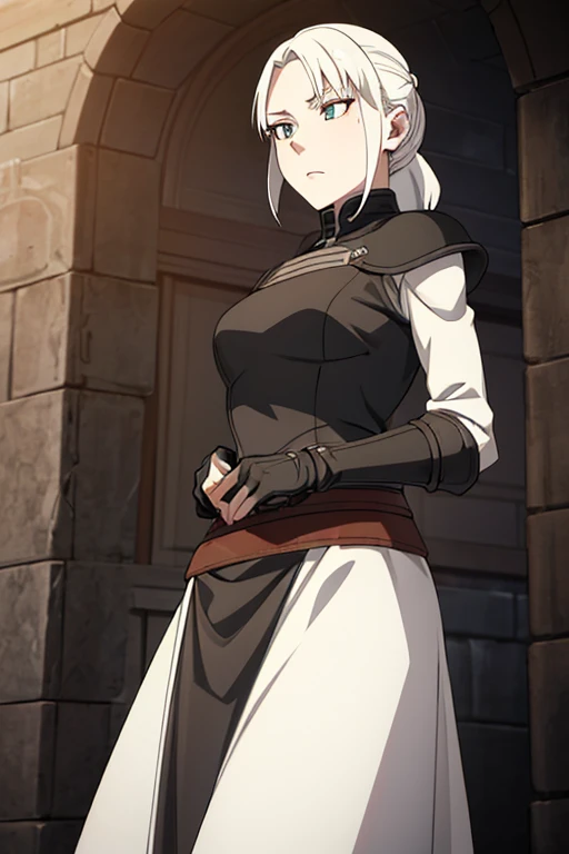 a illustration of a female rogue, pale_skin albino, white_eyes, white_hair ponytail, black_armor leather_armor, thief, cowboy_shoot, female_focus, simple_background, solo, final fantasy tactics, jrpg, demacia, vox machina style, dungeon_meshi