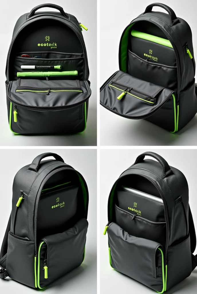 Shows only the inside of the backpack in a collage of 4 photos. The backpack is dark grey with neon edges. Name "EcoTech Pack" It must be in green inside the backpack. Do not include any part of the outside, the back or front. Details the computer compartment, the slots for pencils and markers, and document pockets. The backpack does not have side pockets, so don't include them. The literal interior nothing outside green handle for pc