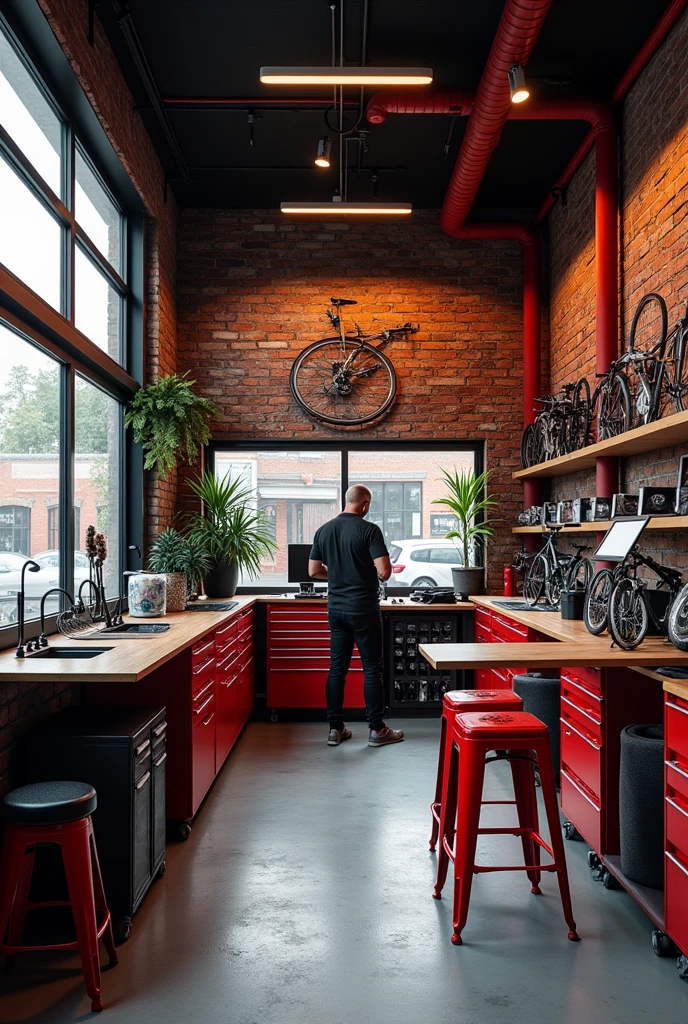Interior design of a bicycle mechanic workshop that has 3 main sections, a mechanical zone, a shop area behind the counter and on the other side a rest area for cyclists... The colors are red, black and white and the business is called Cycling