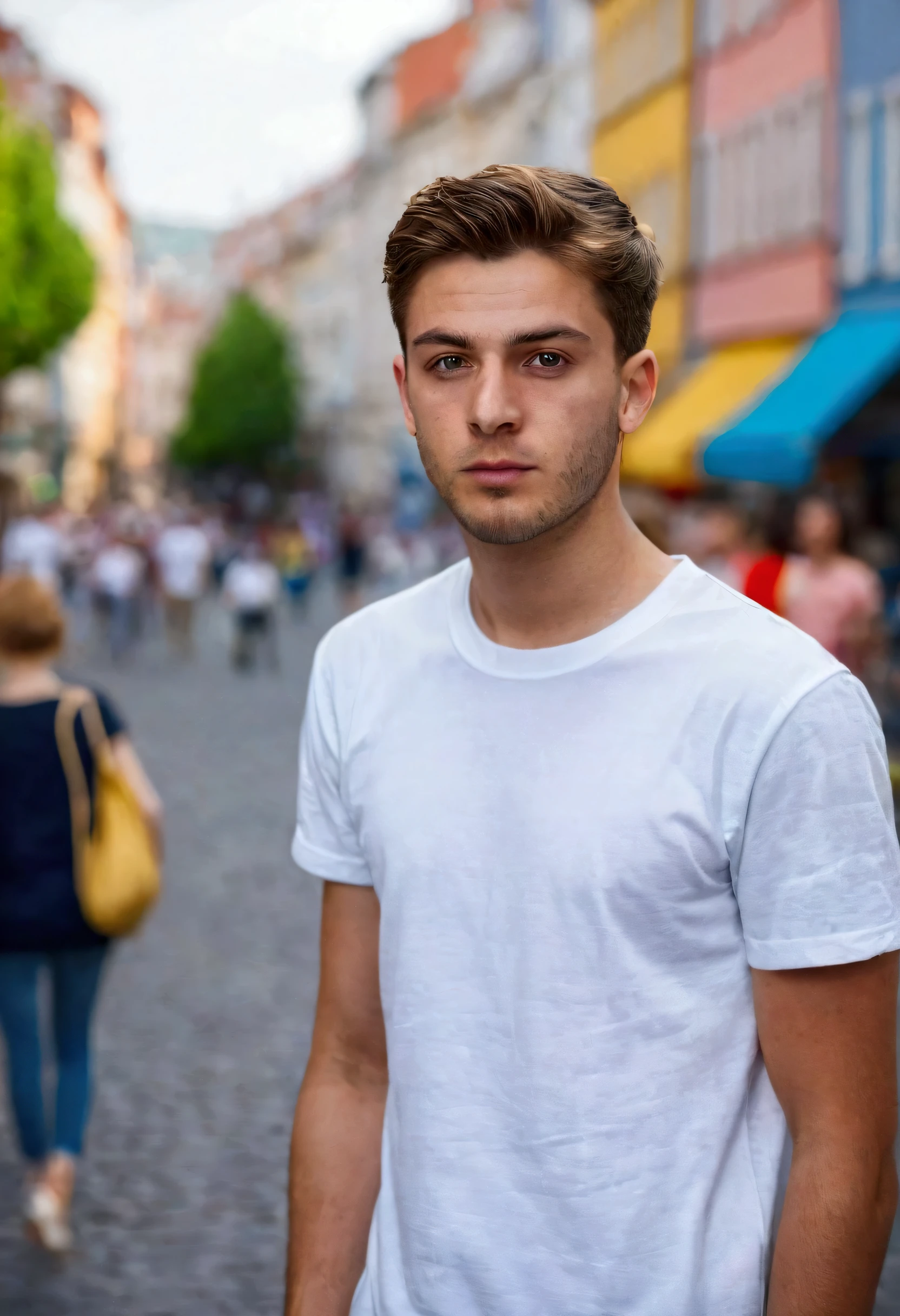 When I said the same, it was the same genre., that is, a 25-year-old European man in a white t-shirt in a city with a blurred background and the young man looking straight at the camera