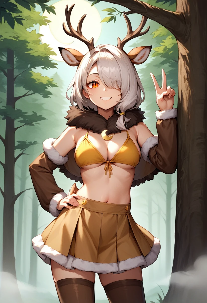 1girl,solo,deer girl,antlers,white hair,animal ears,tail,hair over one eye,orange eyes,slit pupils,crescent moon necklace,fur capelet,brown shirt,yellow bikini top,fur skirt,brown legwear,detached sleeves, forest,outdoors,bare tree,fog, looking at viewer,smile,hand up,v,hand on own hip,standing,back against tree,, score_9, score_8_up, score_7_up, perfect anatomy, source_anime, zPDXL2,