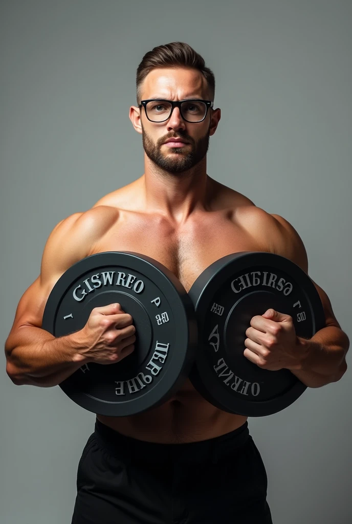 An athletic profile man wearing glasses holding 50kg weight plates with the name " J.Castro team " written on the ring
