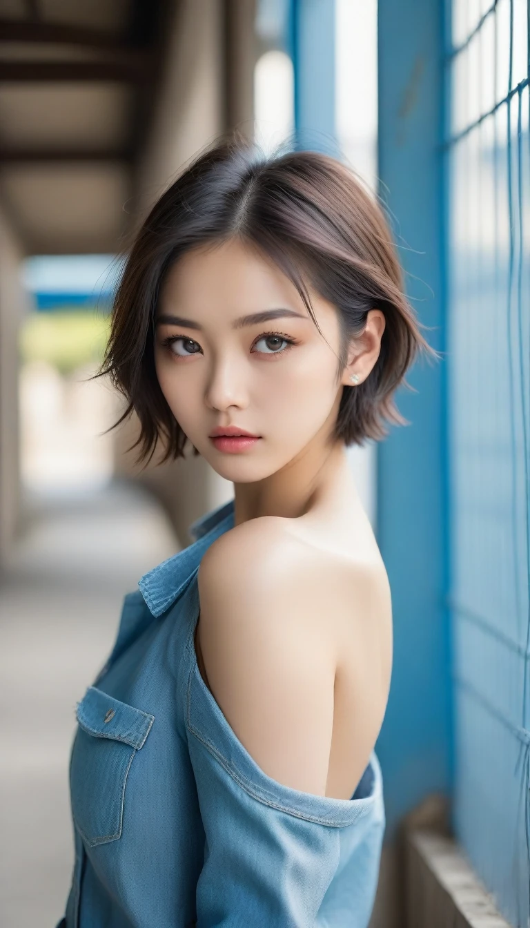 8k, Ultra-high resolution, Highest quality, masterpiece, 三分割法によるphotograph,Surreal, photograph, 1 , (:1.3), cute, cute顔, 細部までBeautiful Eyes, 細かくdetailedに,masterpiece,One Girl:1.2,Japanese women,student,cowboy shot,glaring,Black short hair,messy hair,from side,(Denim shirt:1.3),Leaning against the wire mesh,Glare,Blue Collar,Factory wall,Bleach Bypass,(Beautiful attention to detail),Subtle details, detailedな顔,anger,Attractive eyes,(ポートレートphotograph:1.4),(Photorealistic images:1.4),Fantasy art,(Beautiful Face:1.4),美しくAttractive eyes、Beautiful Eyes,(Tight waist:1.4)、(Beautiful with perfect body proportions:1.4),Pink Lips,profile,(((Ideal body type))),A-cup small breasts :2,、Portraiture:2、Perfect Anatomy、鮮明なdetailed、detailed,Fashion magazine cover,Thin lips,完璧でBeautiful Face ,完璧でcute顔, Skin with attention to detail, Perfect limbs、Narrow waist,Surreal,Light and shadow,backlighting