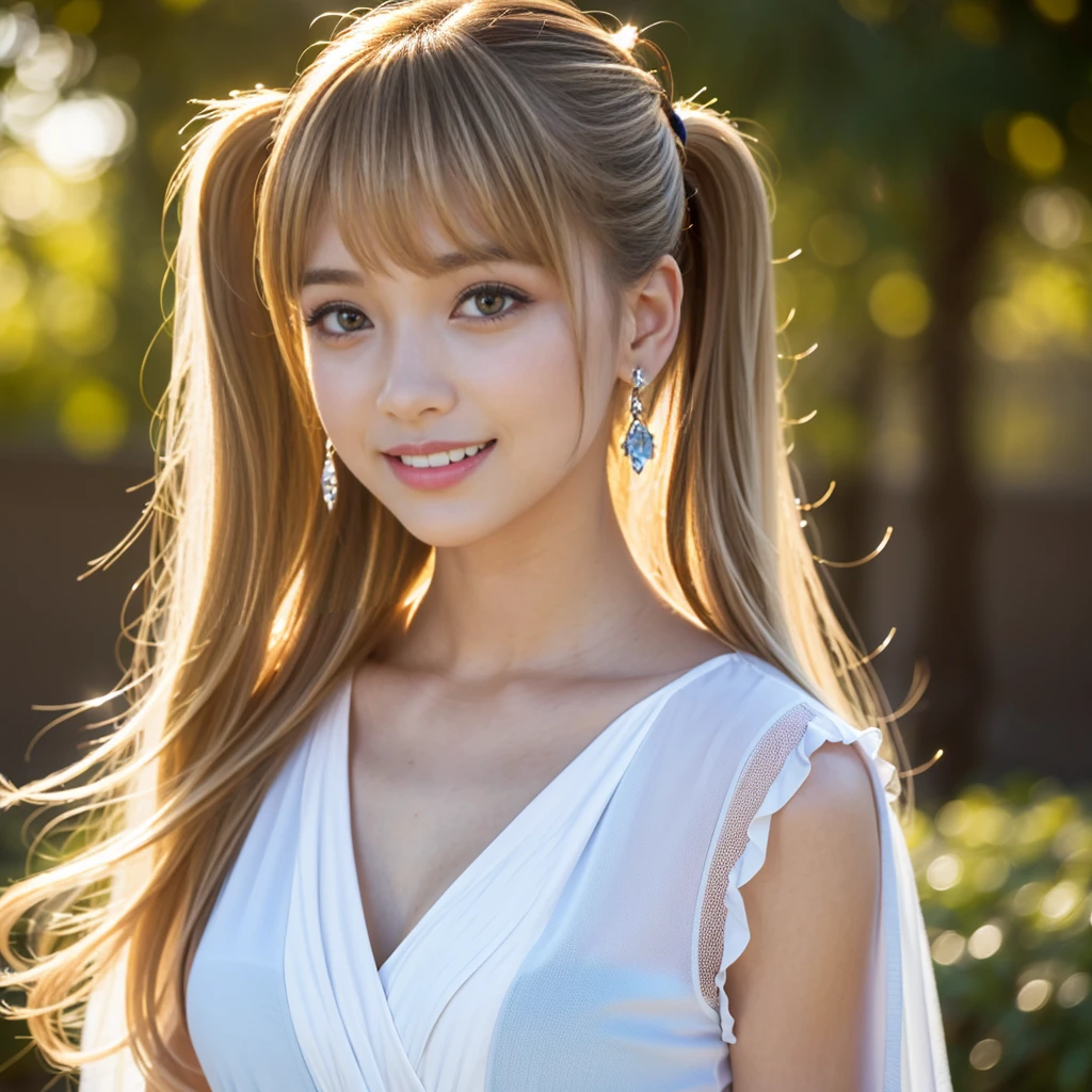 One person, solo, High resolution, Long Hair, Gaze, chest, smile, Open your mouth, Blonde, Simple Background, Bangs between the eyes, Twin tails, accessories, Golden Eyes, ponytail, Earrings, Open your mouth a little, tongue, Hair Flower, Dutch Angle, Sparkle Effect, 足をflame外へ, Highest quality, Winner of numerous awards, Very detailed, Ultra high definition, Textured skin, Highest quality, Ringlet, 大きなchest, ハート型のEarrings, Blushing, smile, Eyes are symbols, A seductive smile, expression, Tsundere, Widescreen, flame, a row, First Person View, Sony FE, Sony FE GM, Nikon, Fujifilm, Sparkle Effect, Backlight, Caustics, blend, Godley, C4D, Romanticism, Gentle colors, Surrealism, realism, 