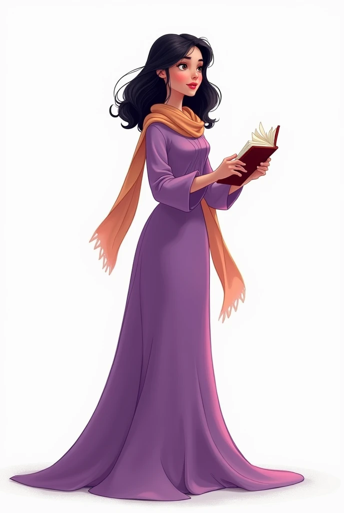 Disney-type image with a white background, a woman with medium-short black hair, a purple outfit and a purple scarf around her neck and a book in her hand 