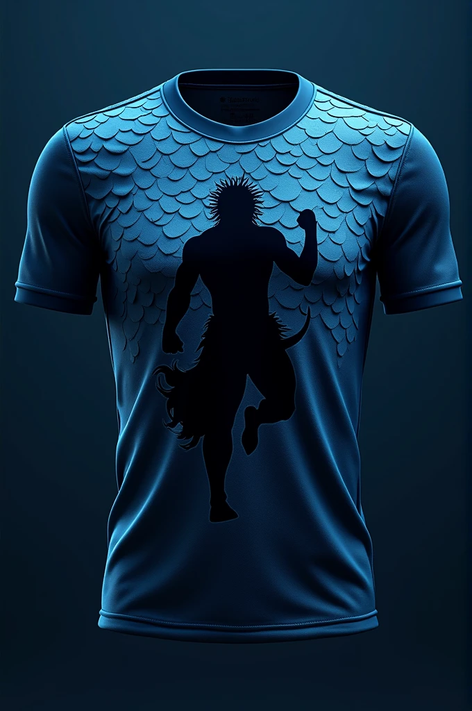 make a dark blue football team shirt with light blue shark scale details and a black poseidon silhouette